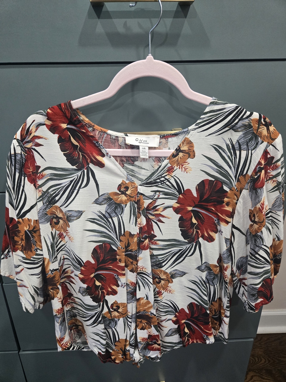 White Floral Blouse with Red & Mustard Blooms